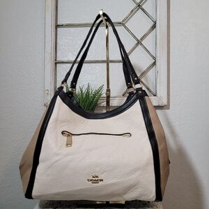 Coach Kristi Black Two-Tone Leather Shoulder Handbag with Middle Zipper Two Side